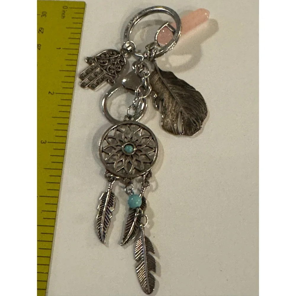 Boho Silver Dreamcatcher Hamsa Pink Quartz Leaf Keychain Bag Charm Accessory